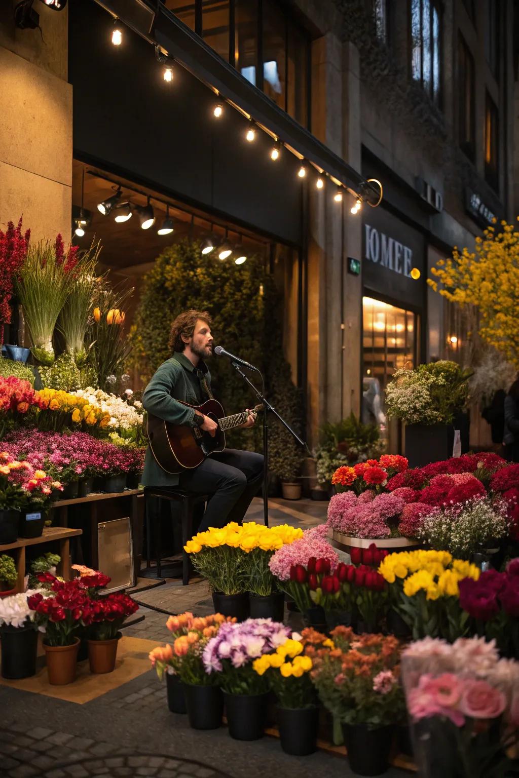 Live music creating a pleasant atmosphere in a flower shop