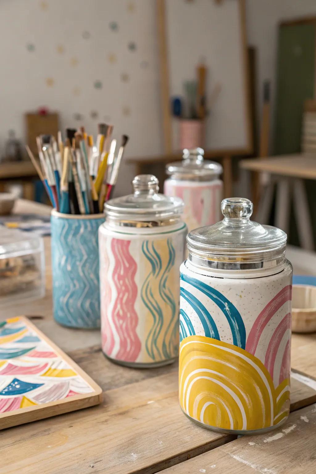 Abstract brush stroke jars for an artistic flair.