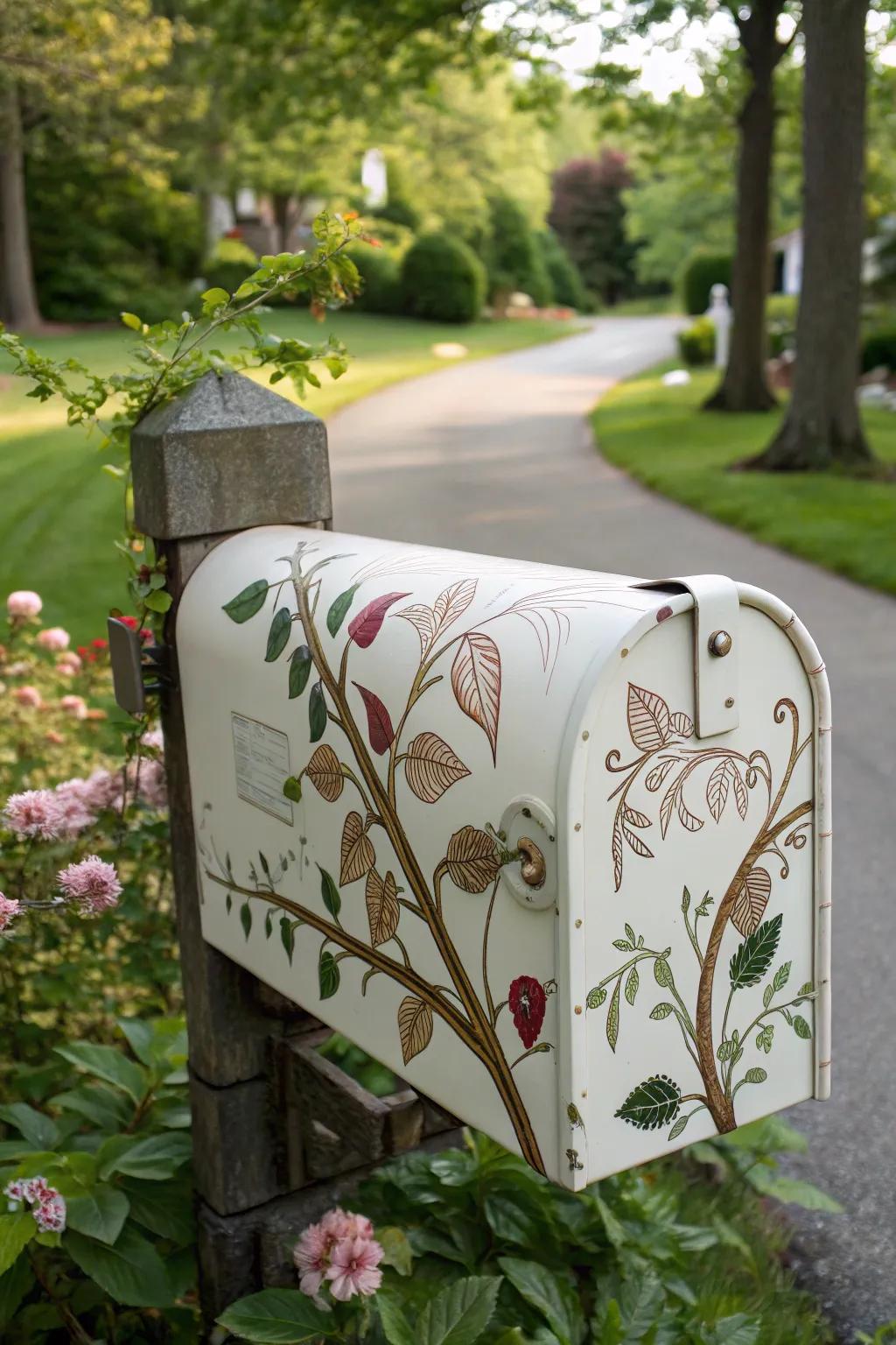 A serene mailbox featuring intricate nature-inspired designs.