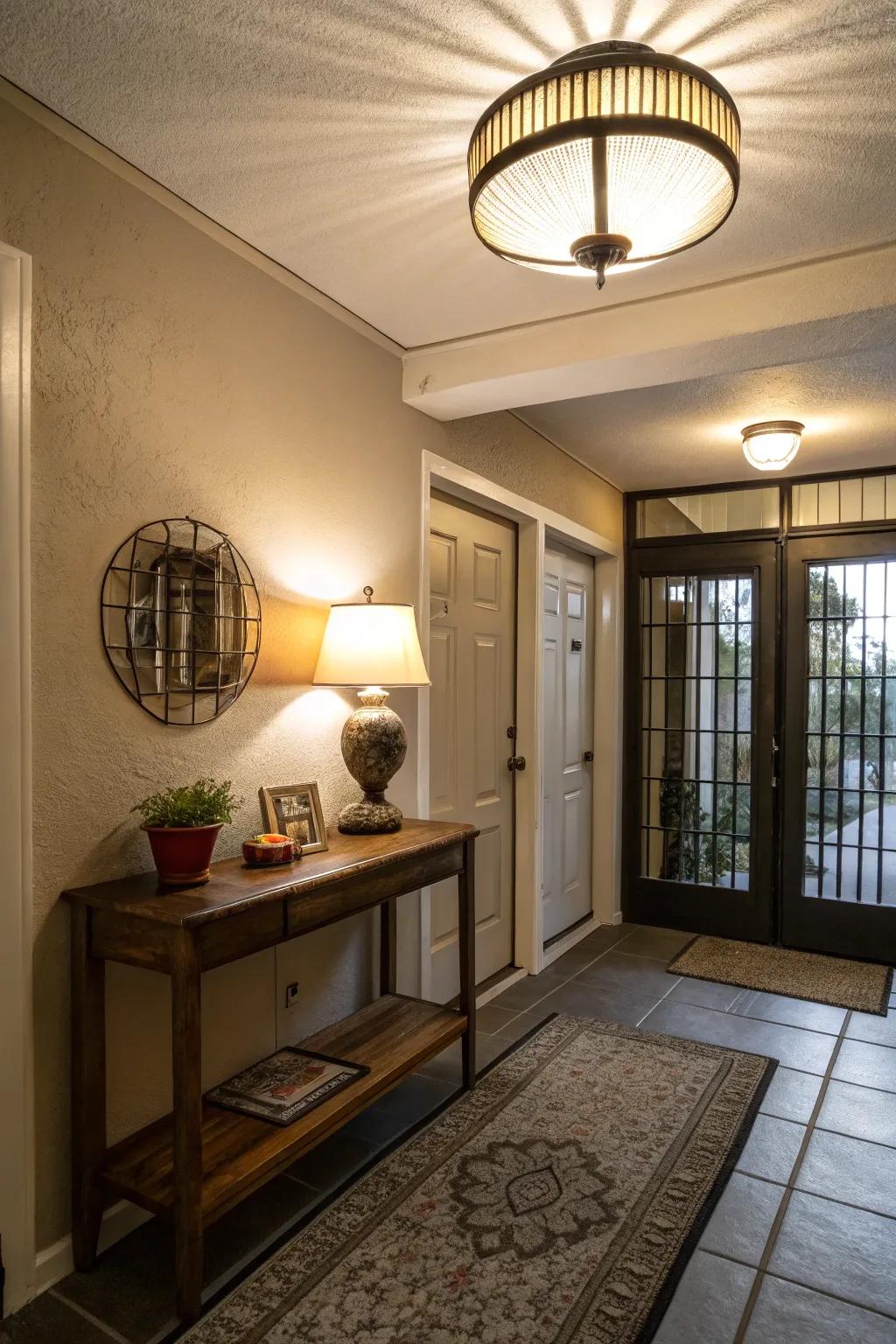 Layered lighting creates a warm and inviting entryway.