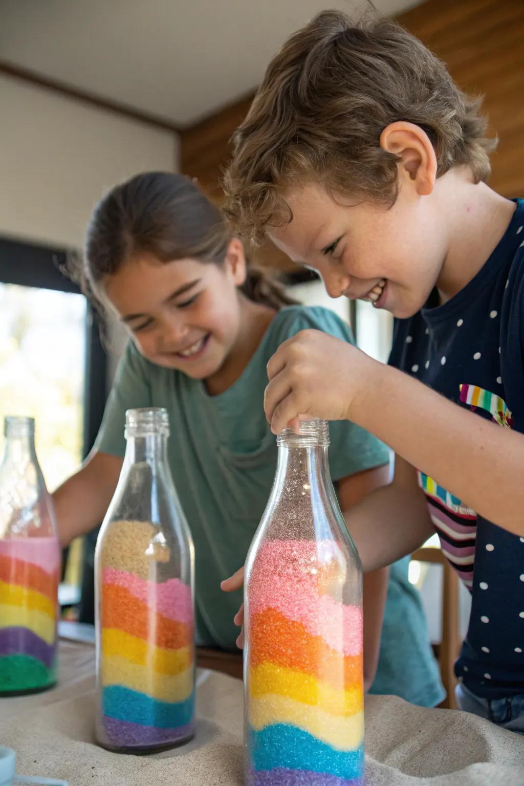 Kids engaged in making colorful sand art, creating layered masterpieces in clear bottles.