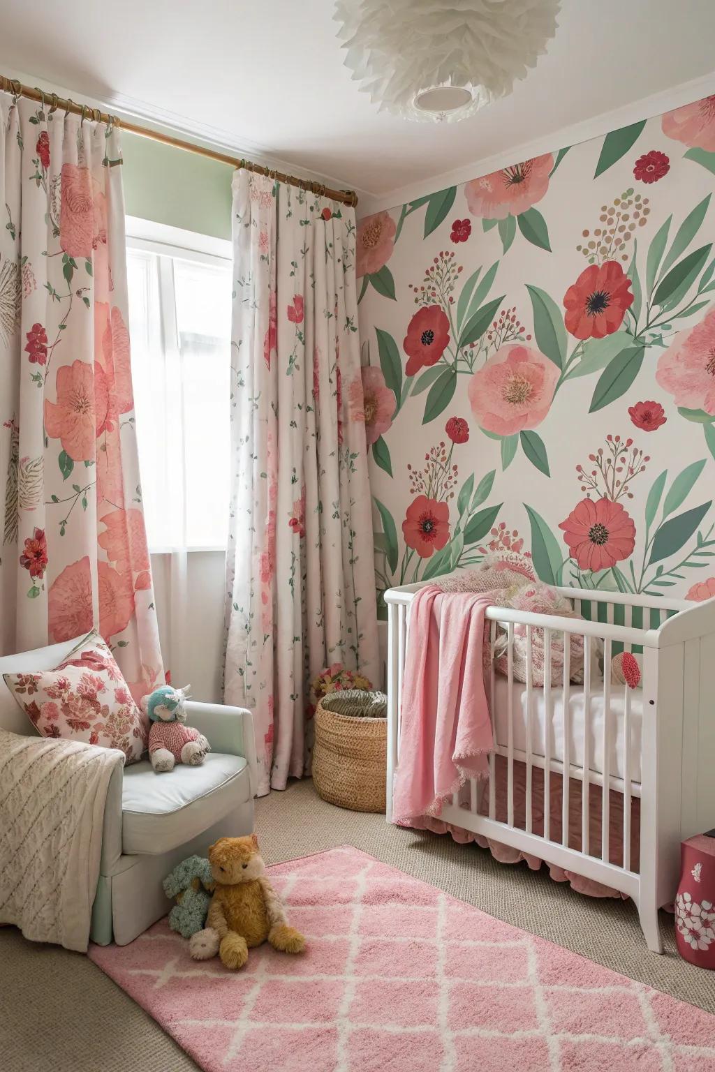 Bold florals add drama and elegance to a nursery.