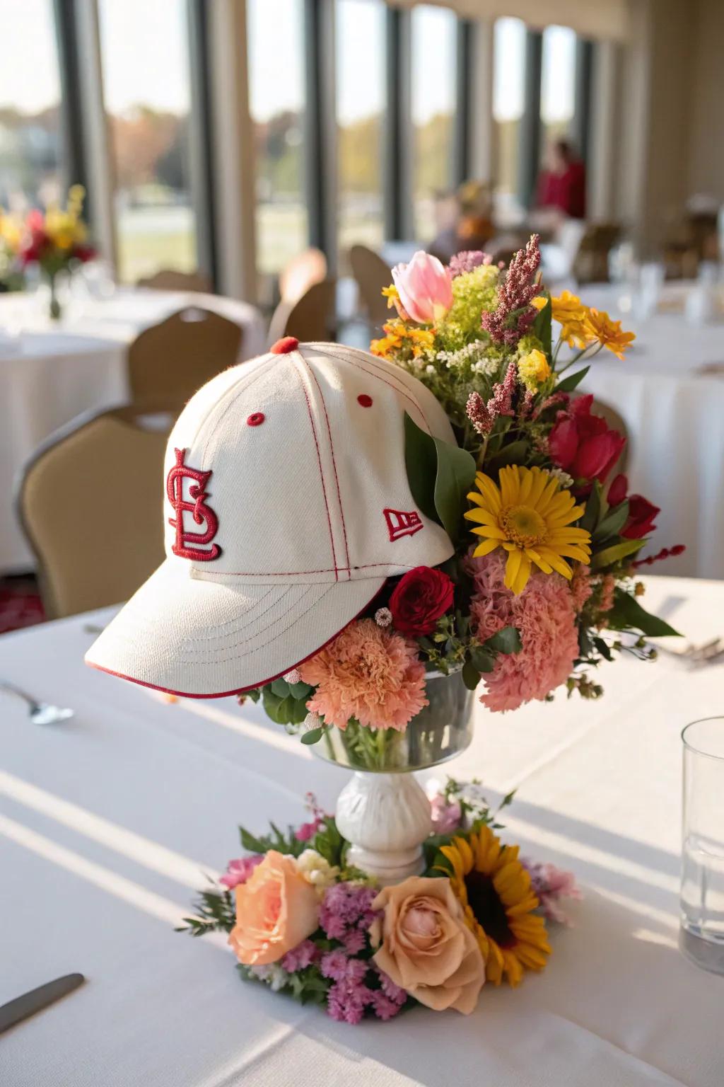 A stylish and sporty centerpiece featuring a decorated baseball hat stand.