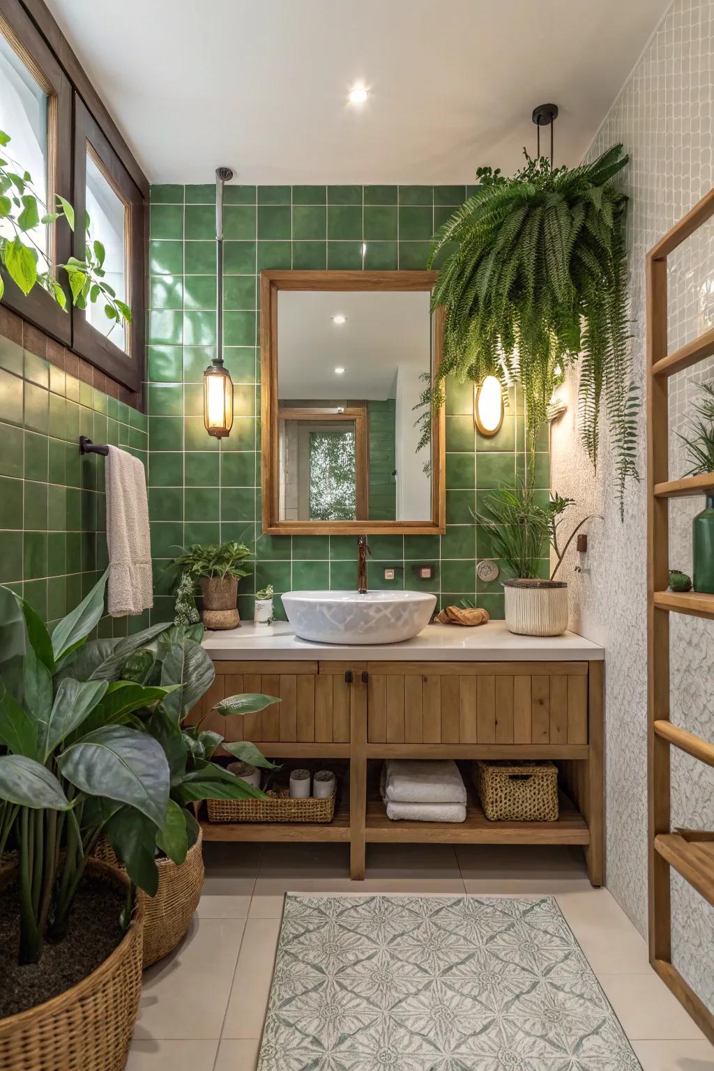 Green tiles bring a refreshing and nature-inspired vibe.