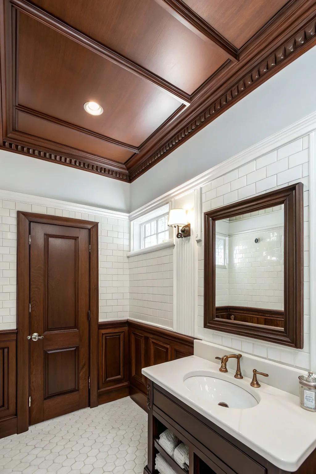 Bold ceiling trim adds character to this stylish bathroom.