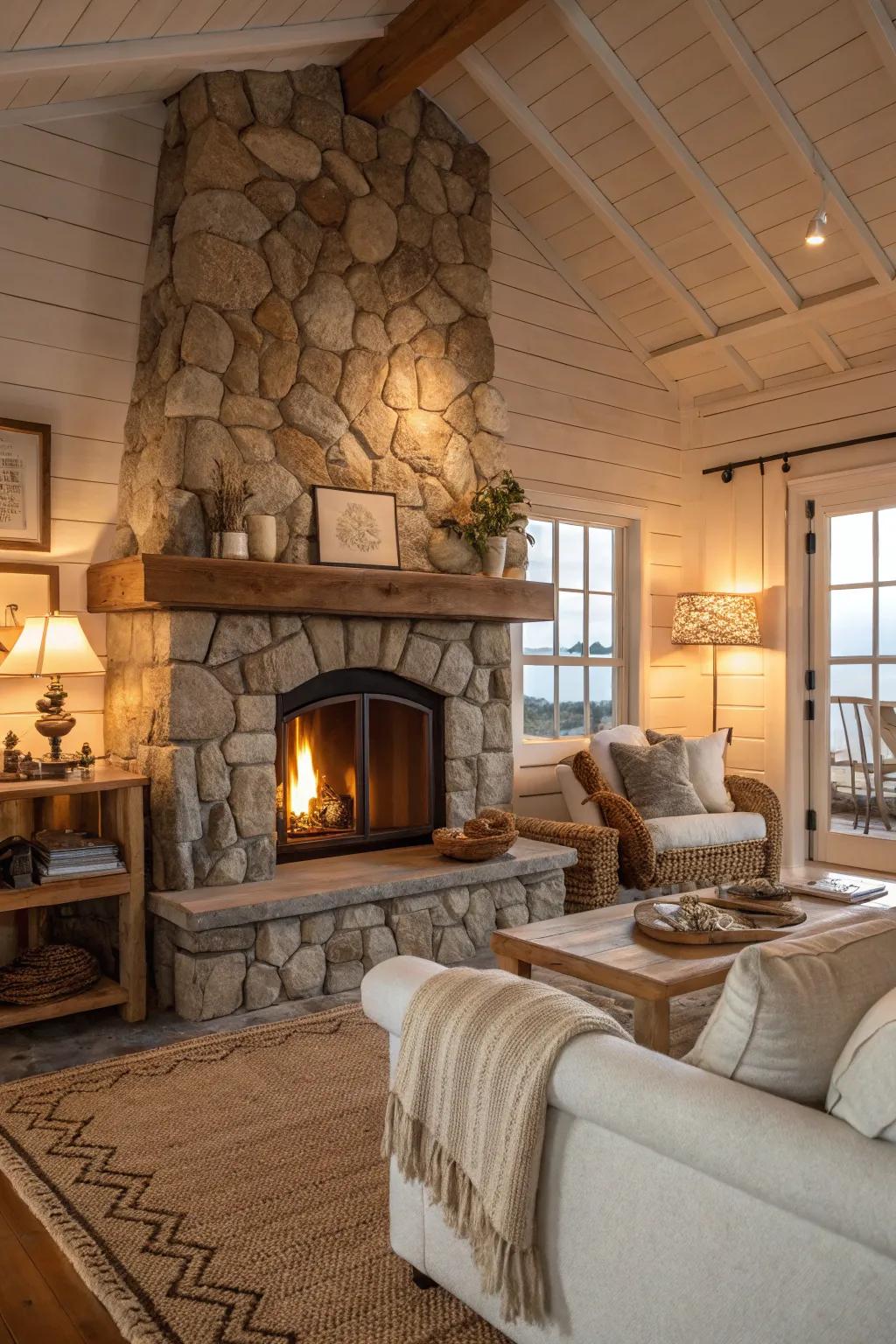 A cozy fireplace serves as a focal point in this beach house living room.