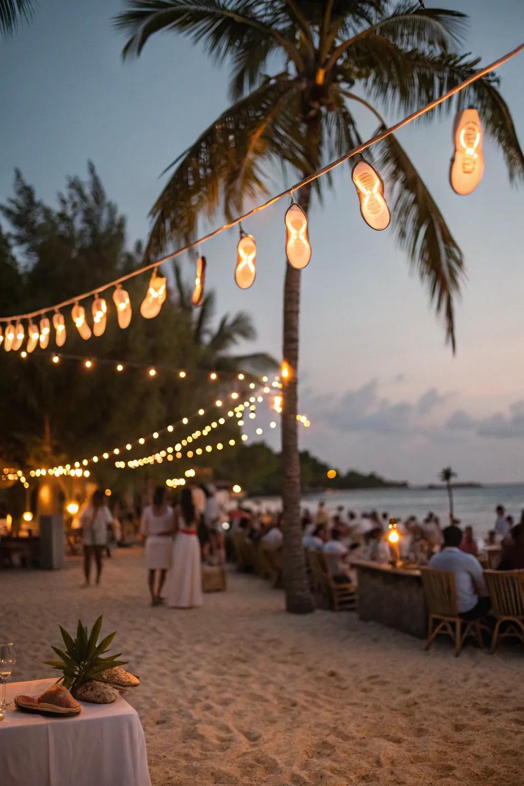 Whimsical flip flop string lights adding playful charm.