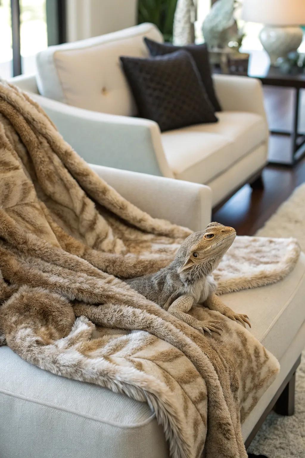 A luxe faux fur throw, adding comfort and glamour to any space.