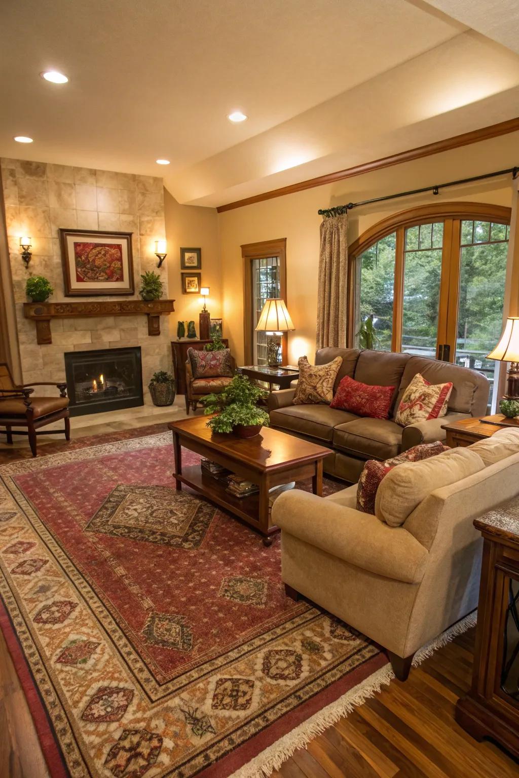 Area rugs define zones and enhance the layout of this living room.