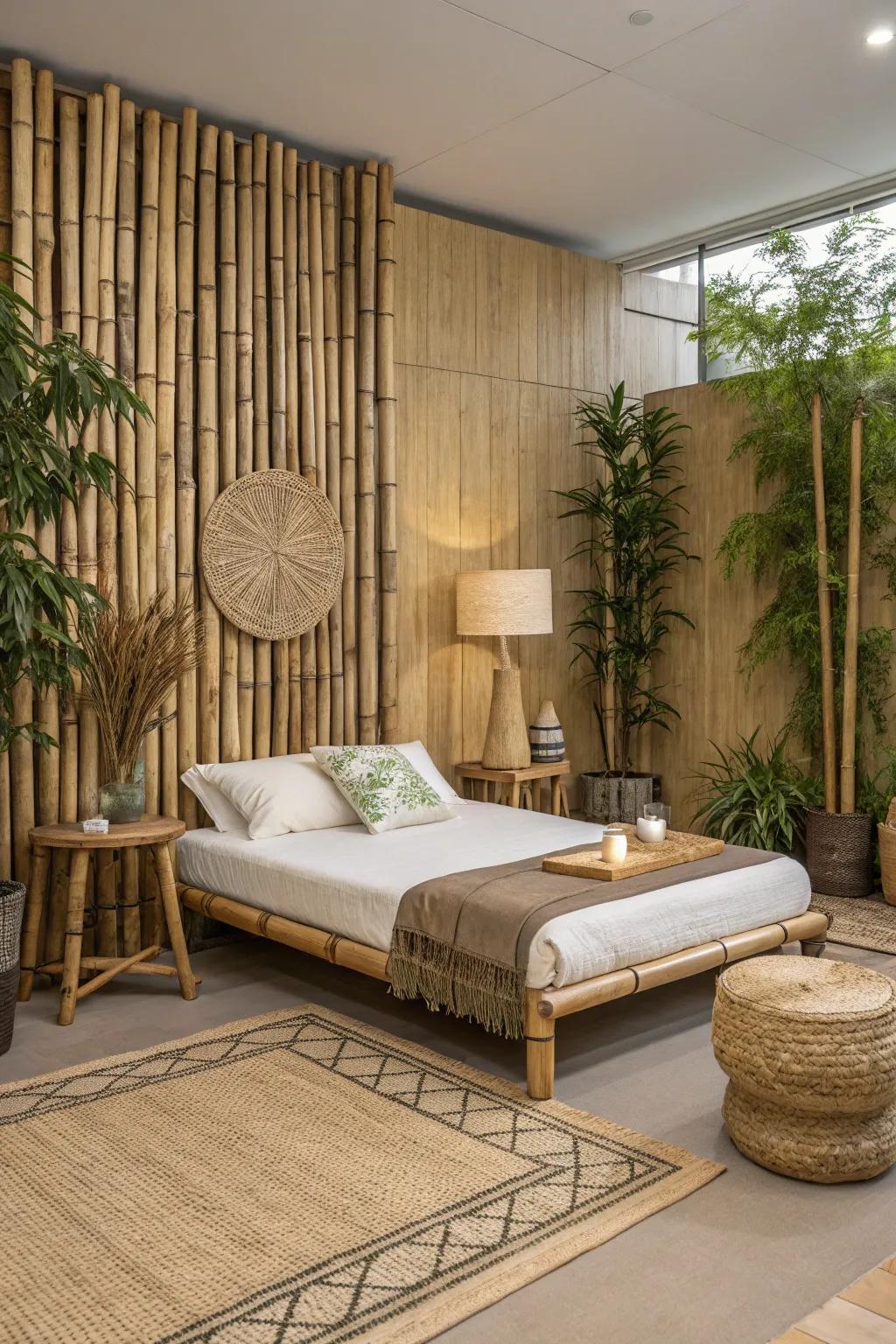 A serene bedroom with a bamboo backdrop.