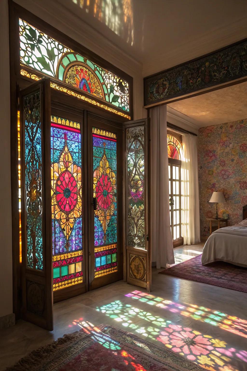 Stained glass doors add artistic flair, introducing colorful light play into your bedroom.