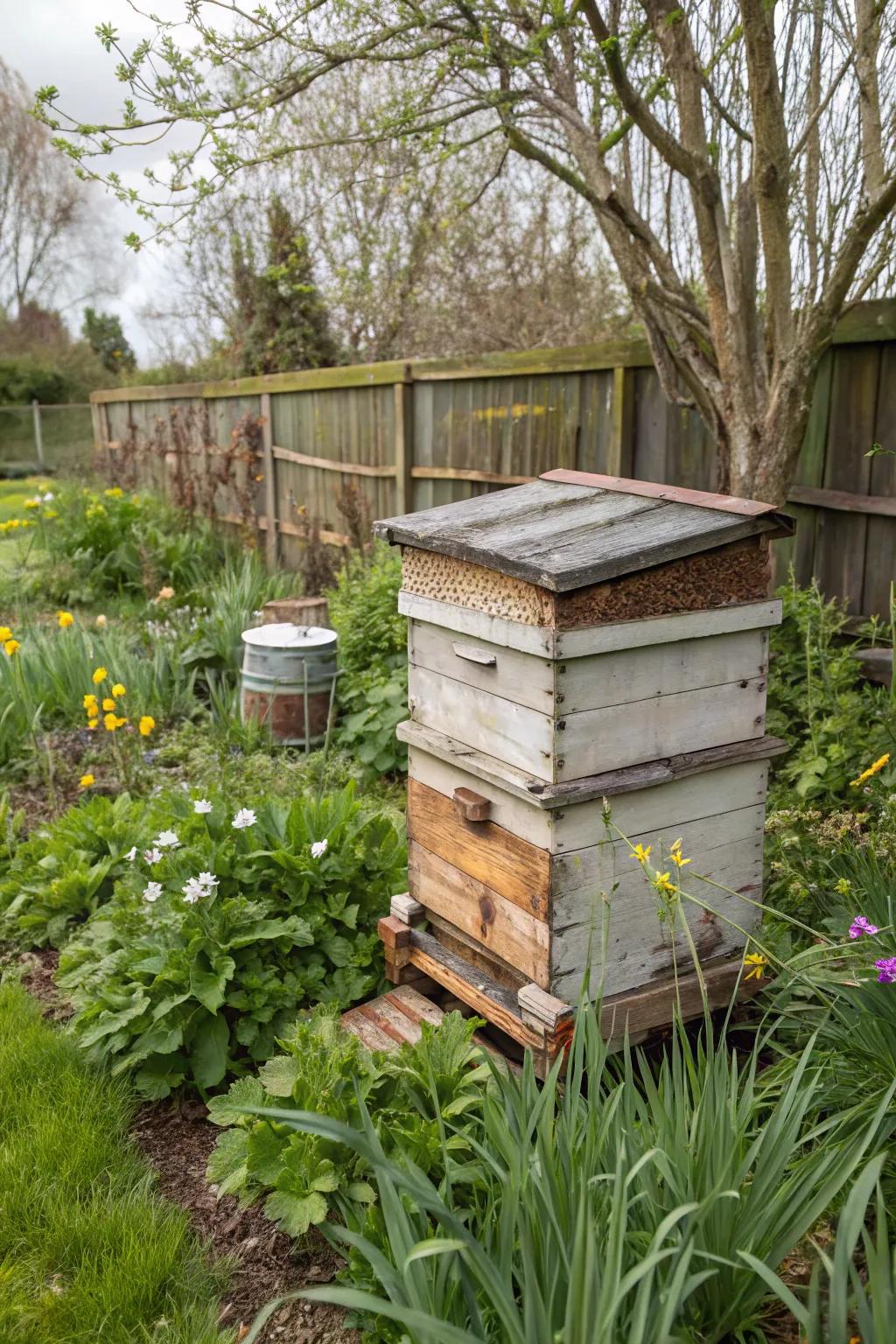 An upcycled bee hive featuring reclaimed materials for a unique look.