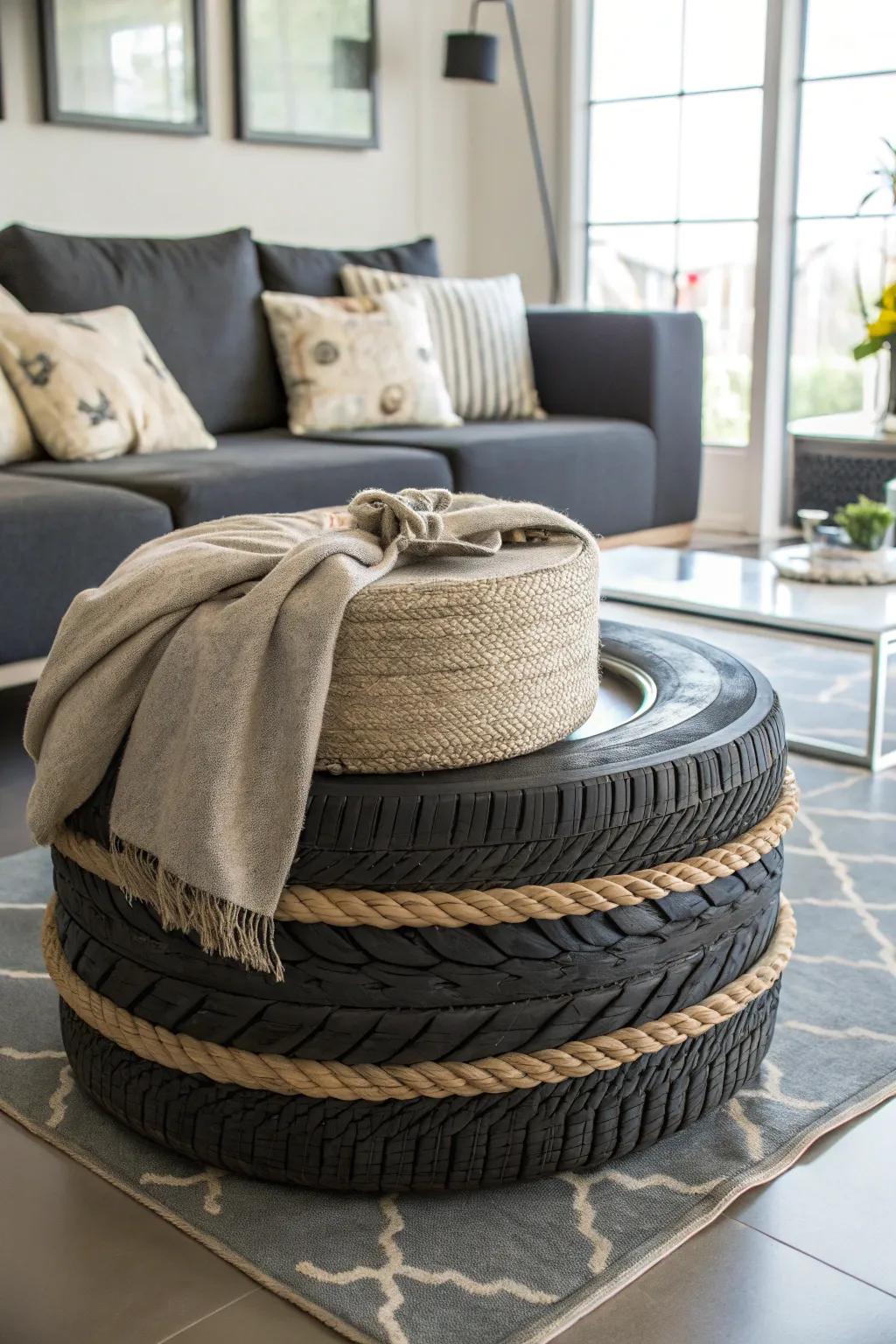 A stylish ottoman transformed from an old tire.