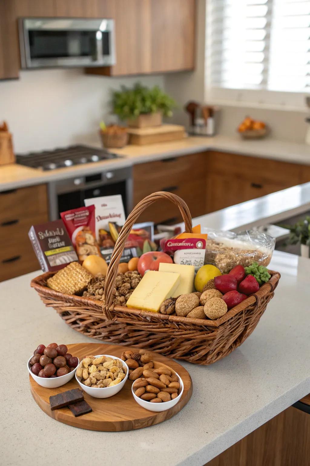 A gourmet snack basket that offers a delightful variety of flavors.