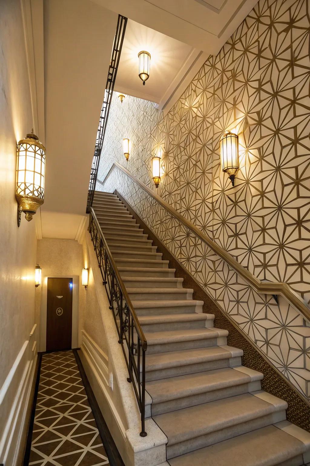 Geometric sconces create visual interest and modern flair.