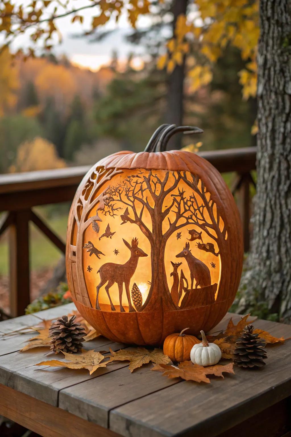 A pumpkin filled with charming woodland creatures, perfect for nature lovers.