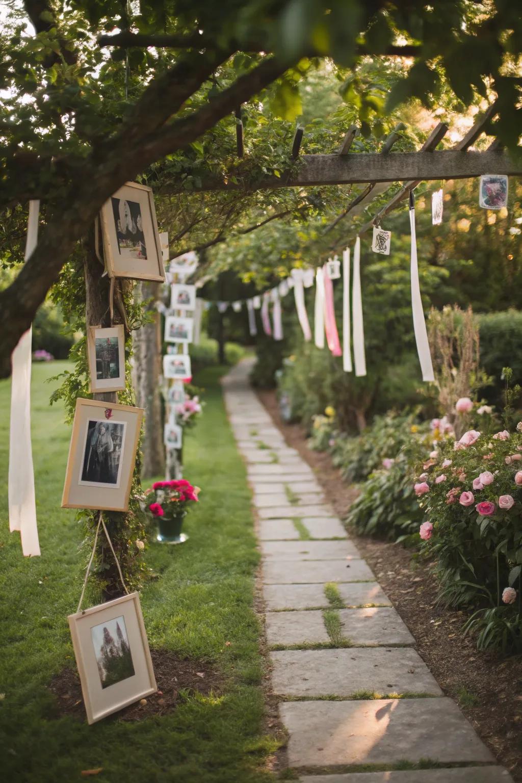 A memory lane path that invites guests to take a nostalgic journey.