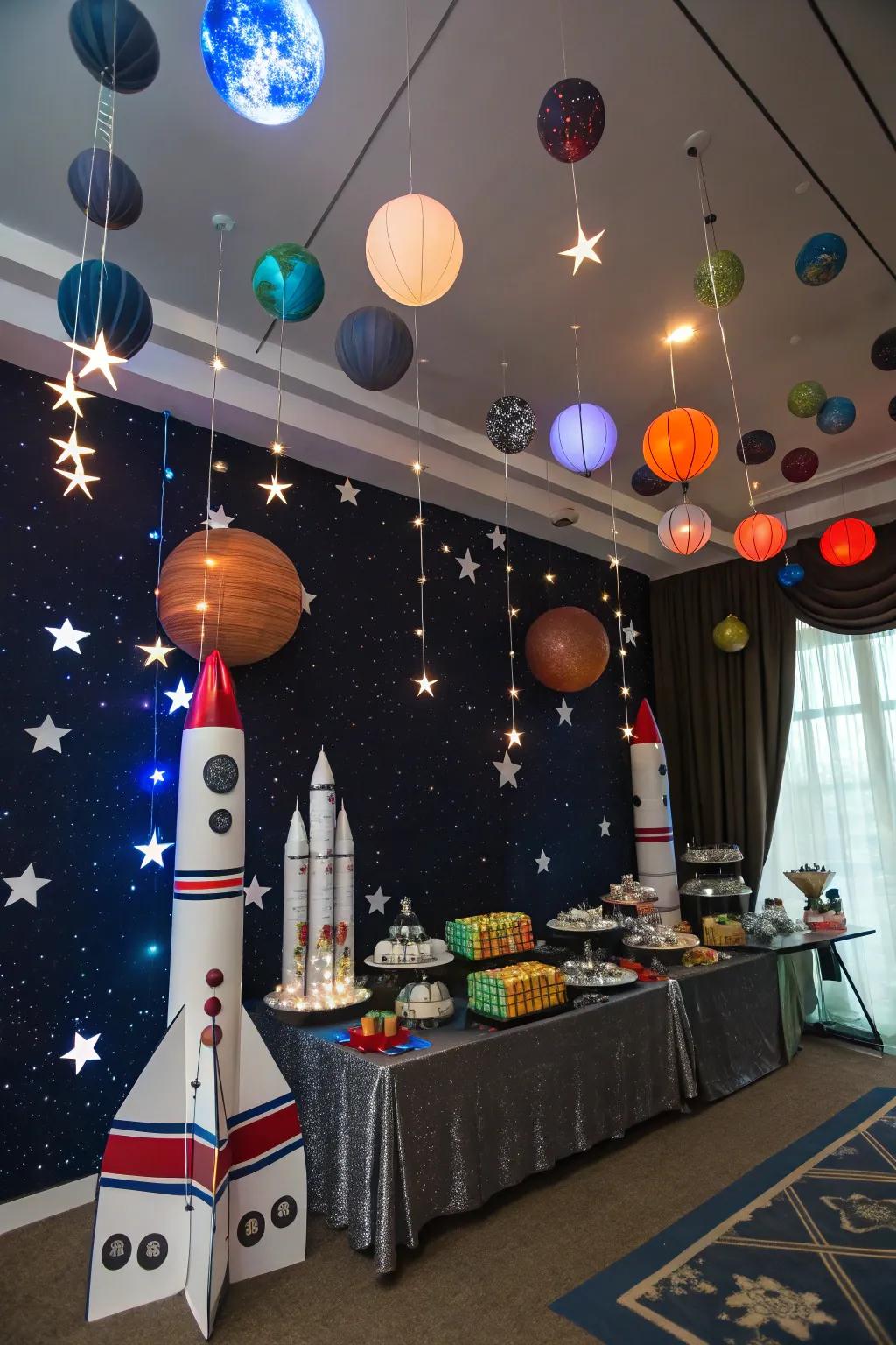 A space odyssey party with rockets and planets.