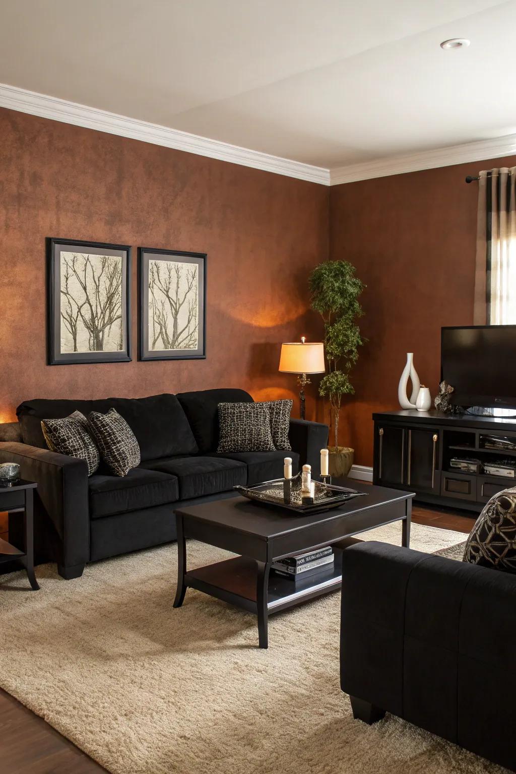 A brown accent wall adds a warm touch.