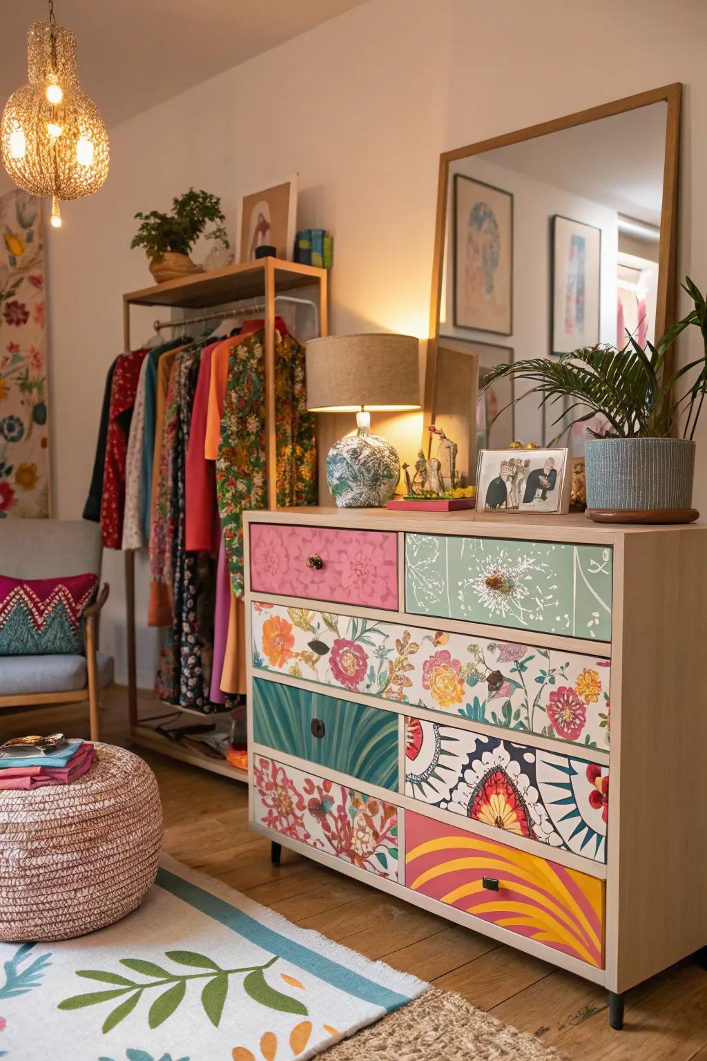 An eclectic mix of patterns creates a unique and personalized dresser.