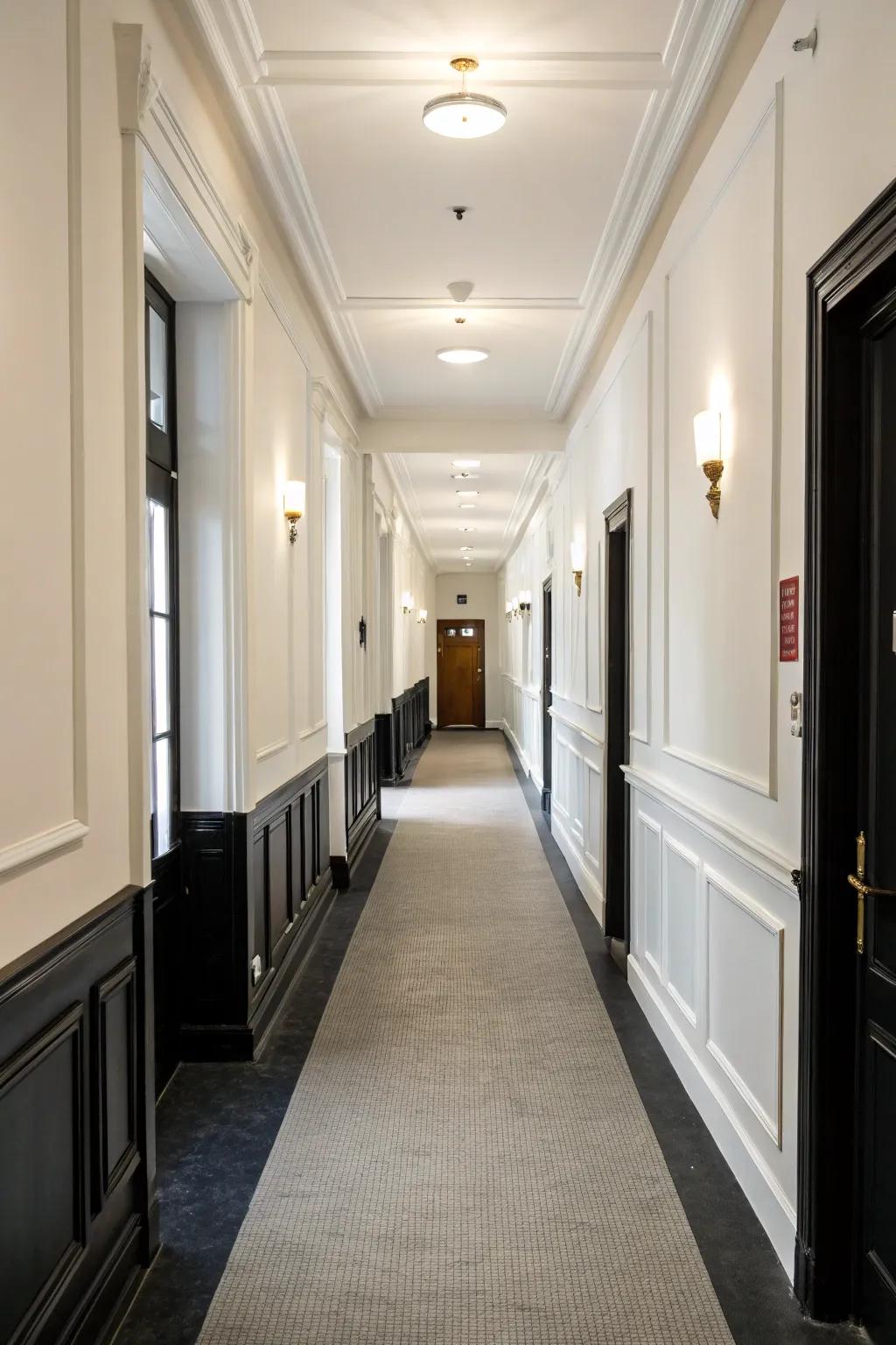 Black baseboards add visual impact to this hallway.