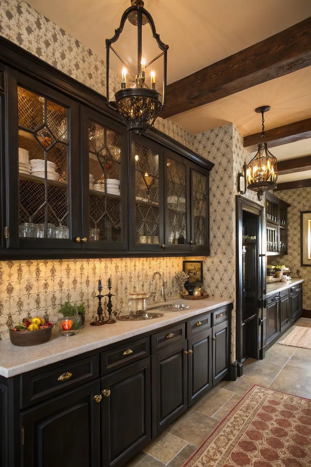 A vintage touch bringing nostalgic charm to a kitchen with black cabinetry.