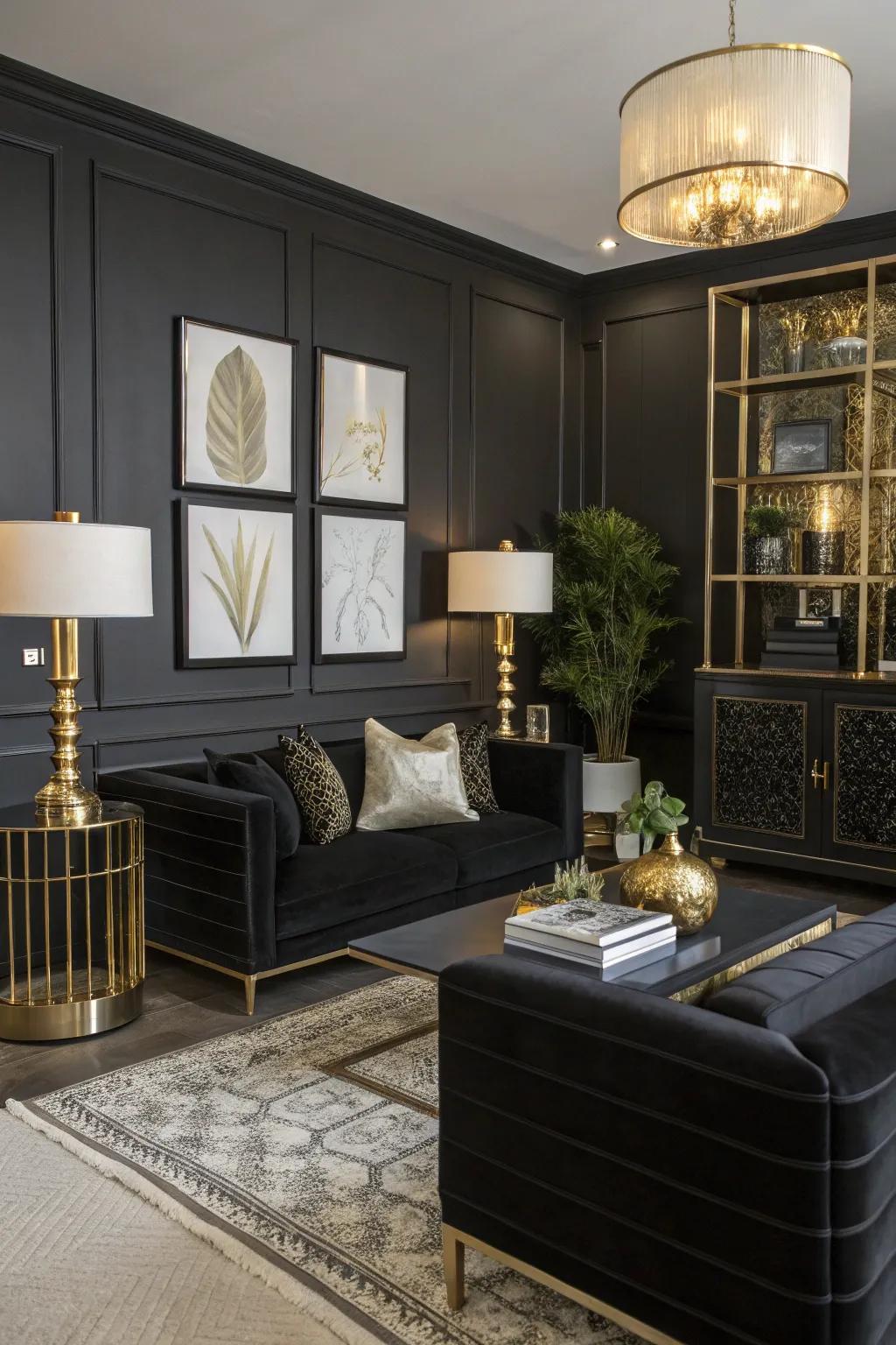 A luxurious black living room enriched with brass accents.