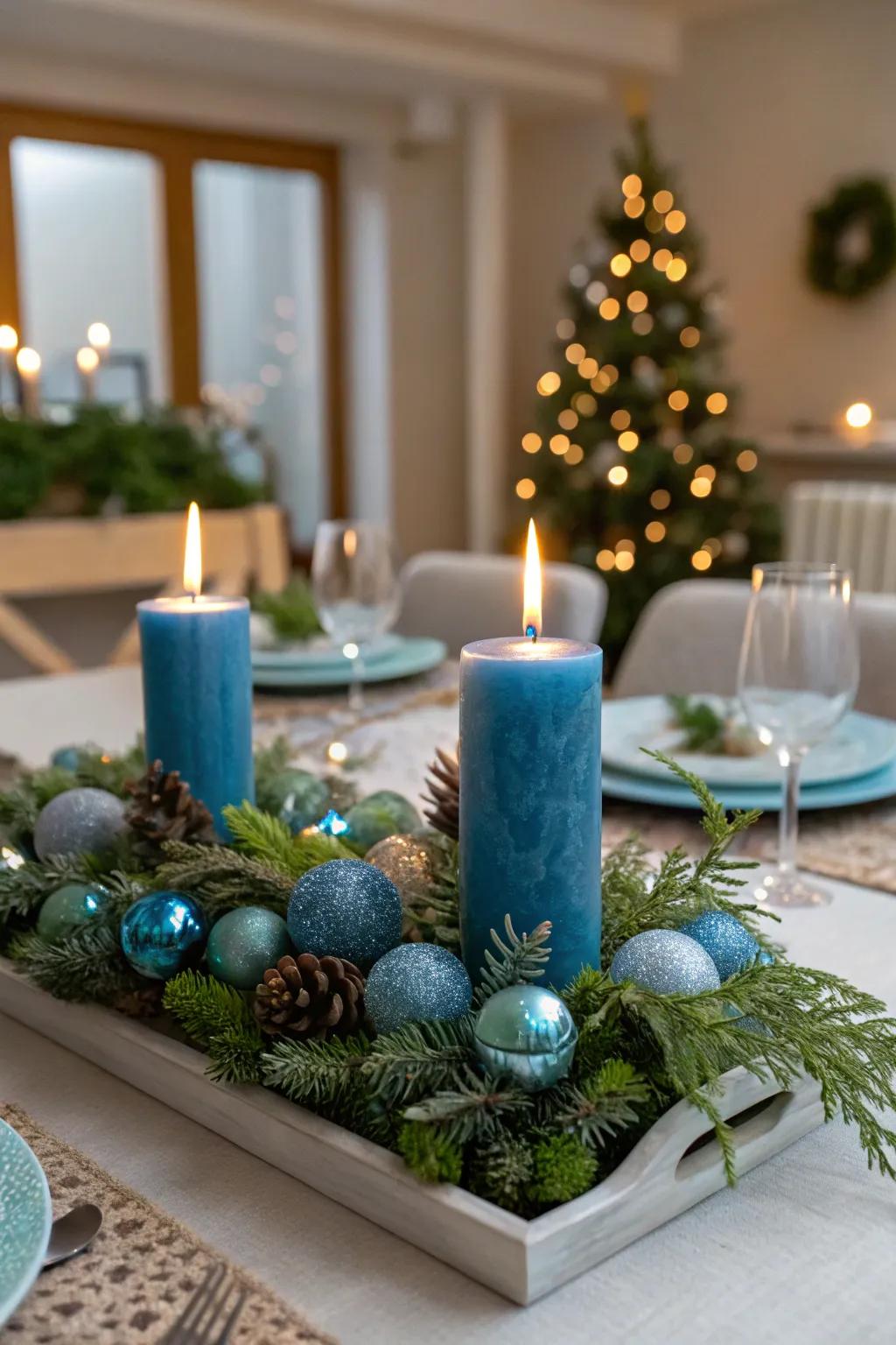 A blue-themed centerpiece adds a stunning focal point to holiday gatherings.