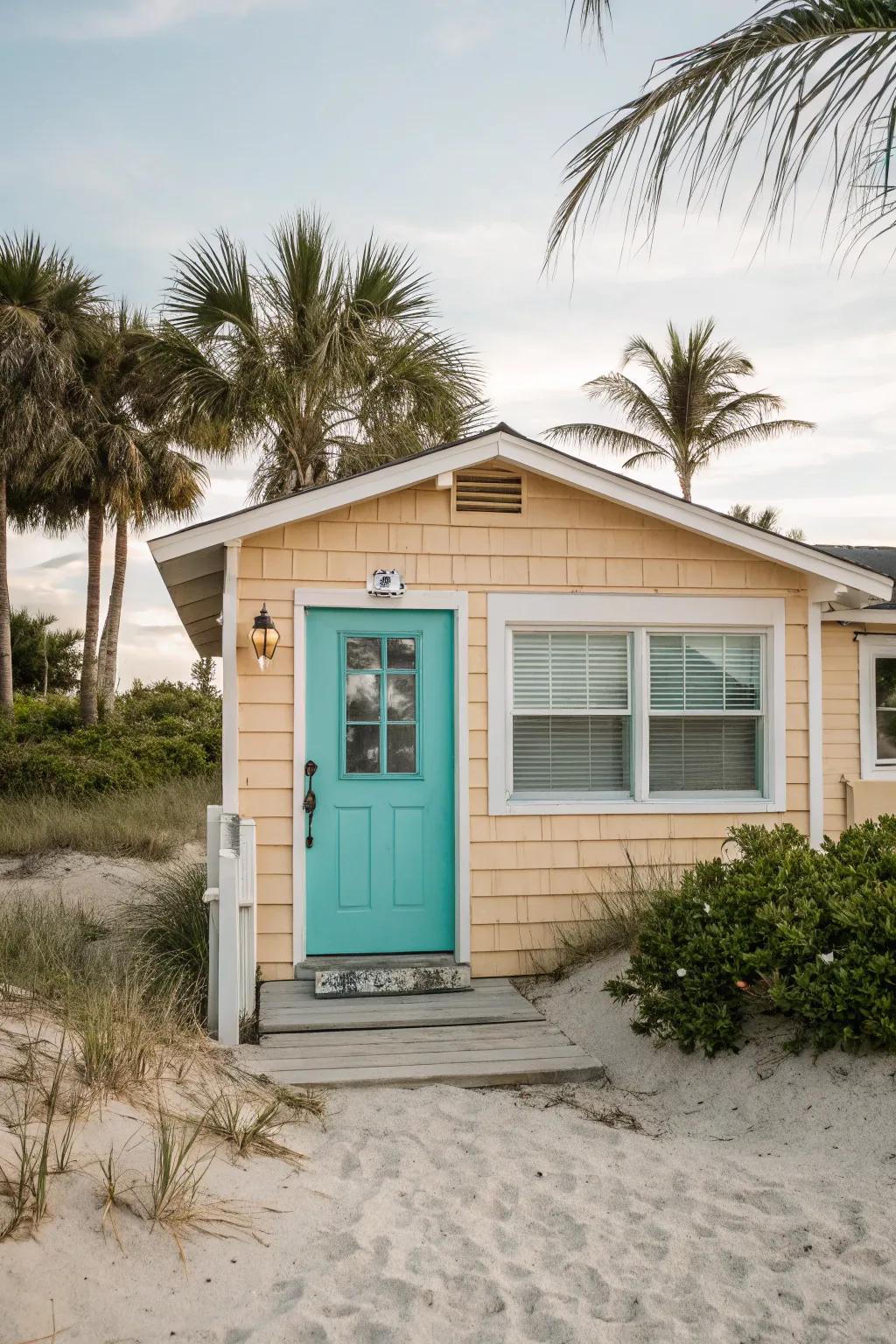 Bright aqua doors add a lively beach-cottage vibe.