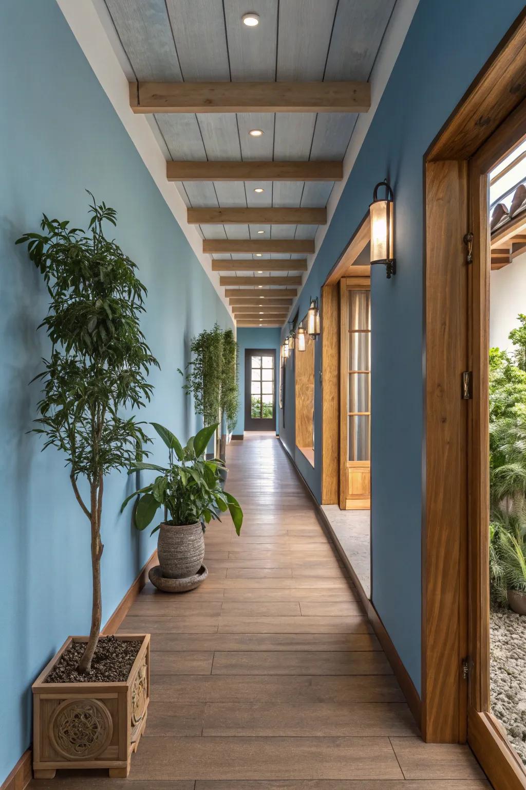 Natural elements bring warmth and balance to blue hallways.