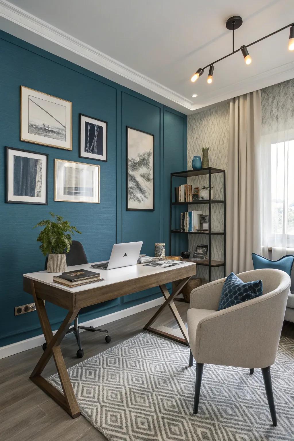 A blue accent wall introduces a bold statement.