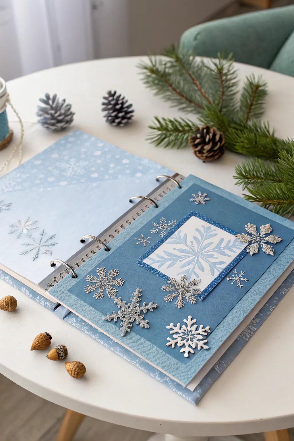 Capture the essence of winter with this enchanting blue scrapbook page, where simplicity meets natural beauty.