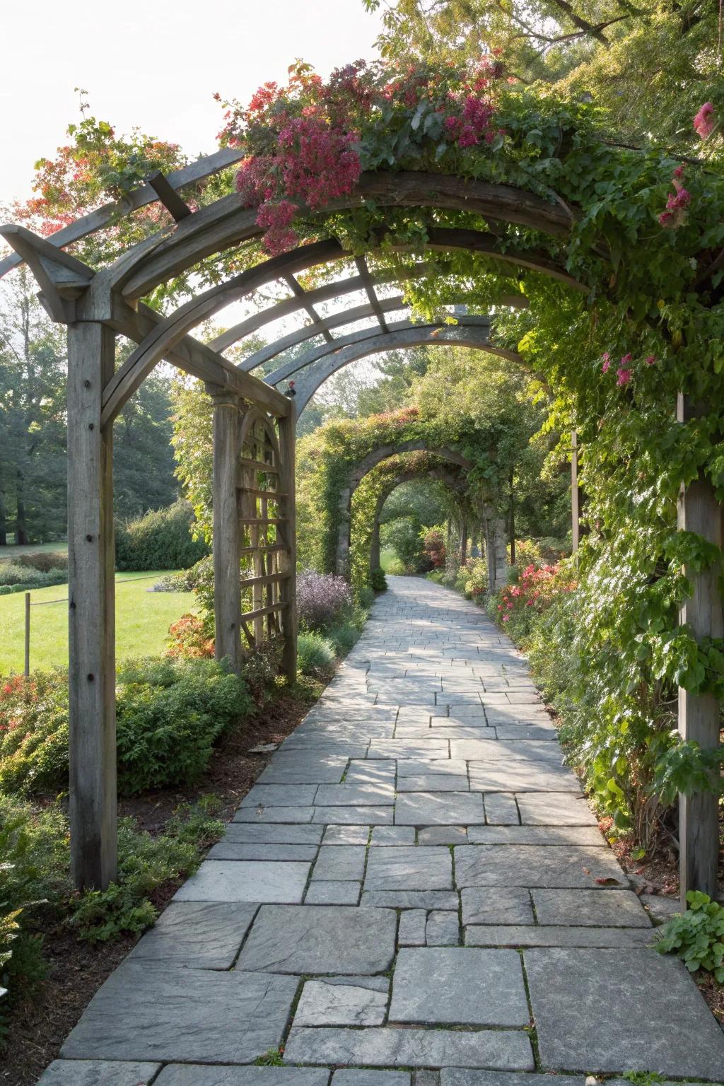 Archways provide a grand entrance to charming bluestone walkways.