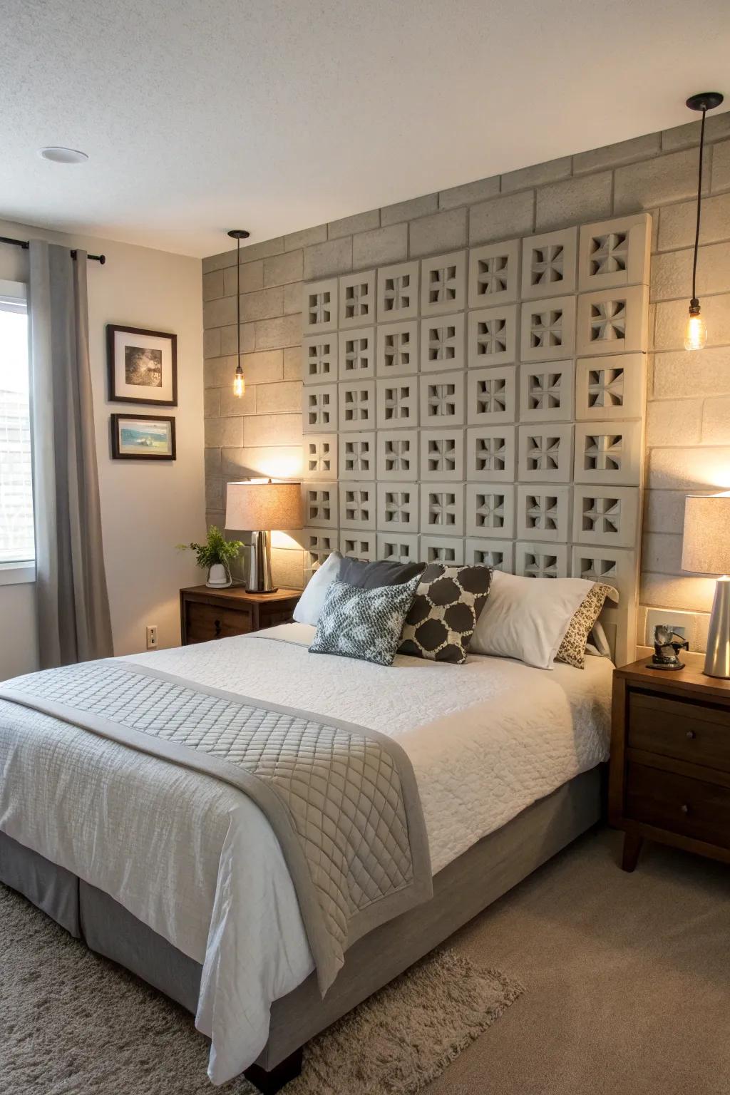 A unique headboard made from decorative breeze blocks.