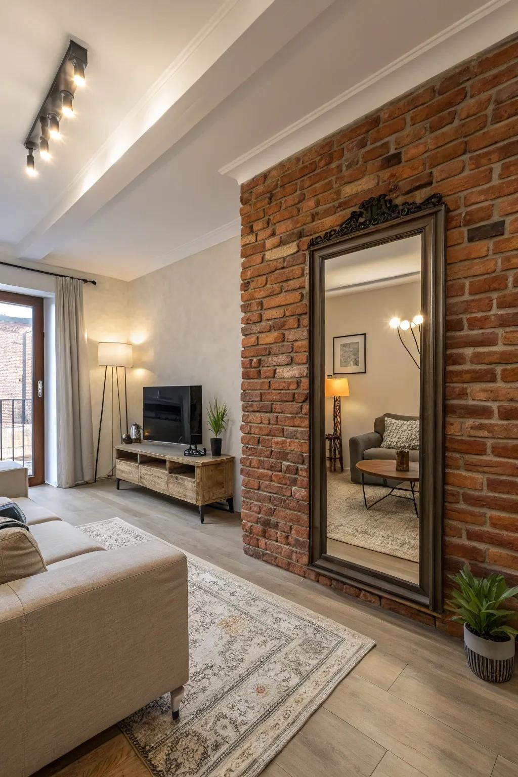 A large mirror enhances space and light with the brick wall.