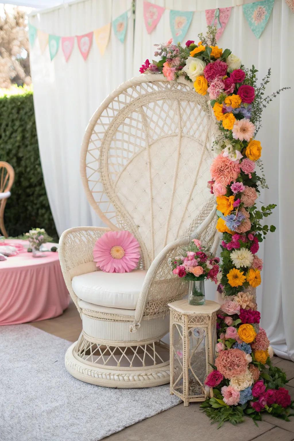 A boho peacock chair adds a stylish focal point for the bride.