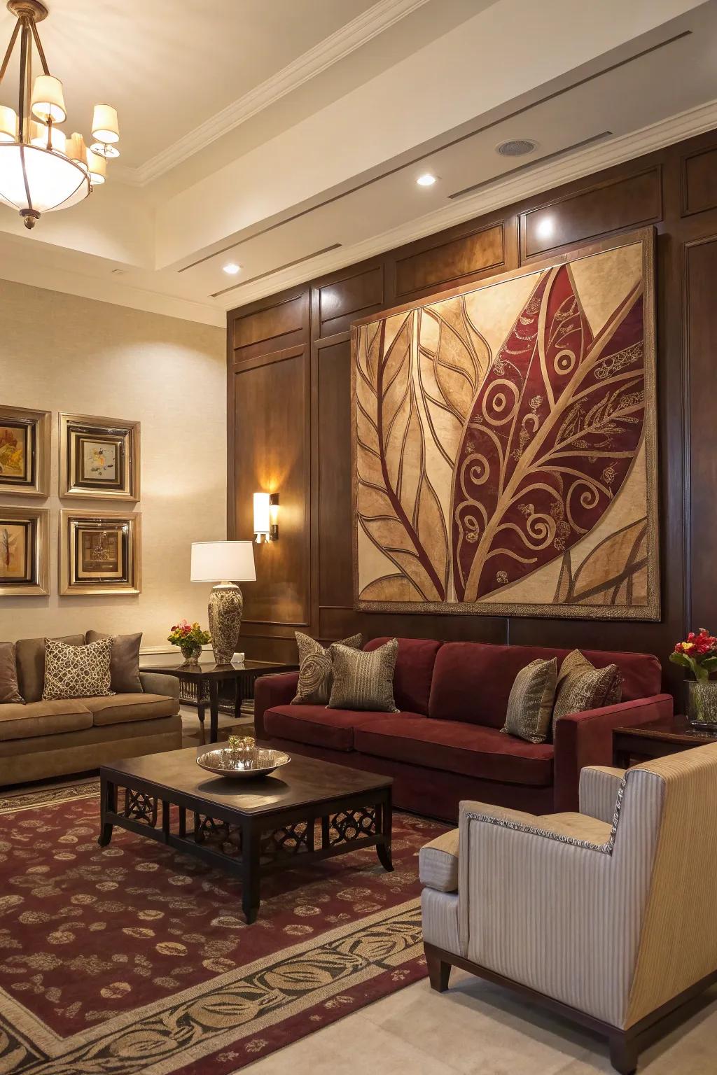 Artwork in brown and burgundy unifies the room's decor and adds intrigue.