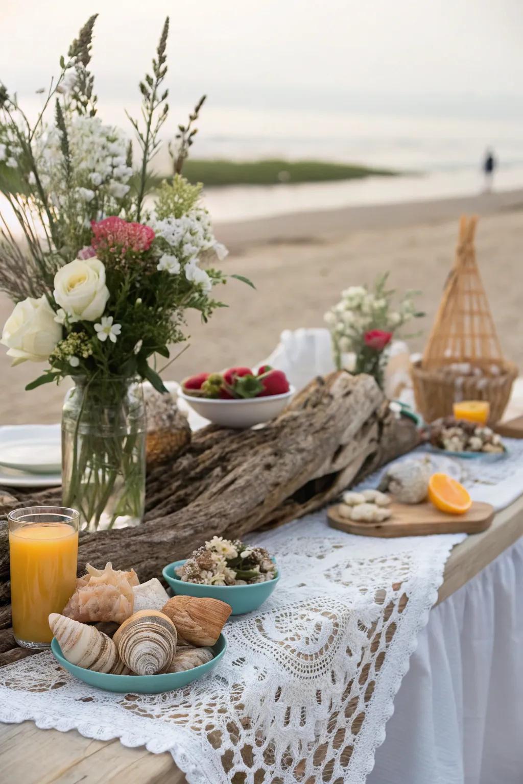 A brunch table set with coastal decor including shells and driftwood.