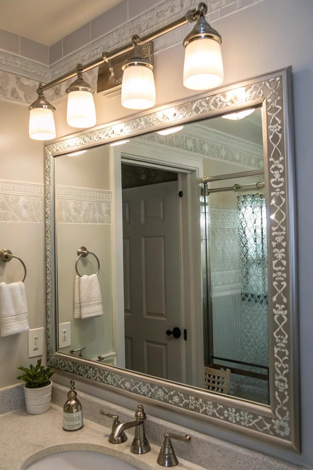 Playful patterns with etched glass brushed nickel lighting above a bathroom mirror.