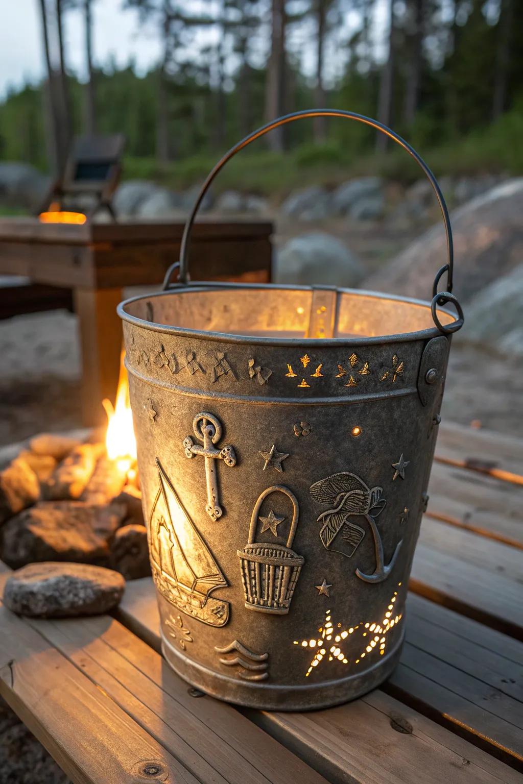 Illuminate your campsite with a handcrafted nautical bucket light, perfect for a playful adventure under the stars.