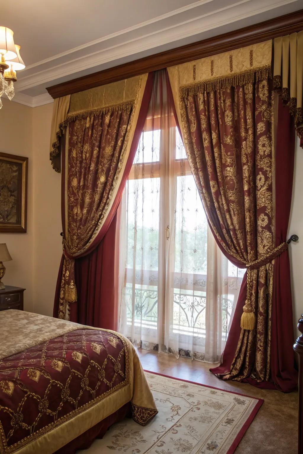 Luxurious burgundy and gold drapes that complete the room's look.