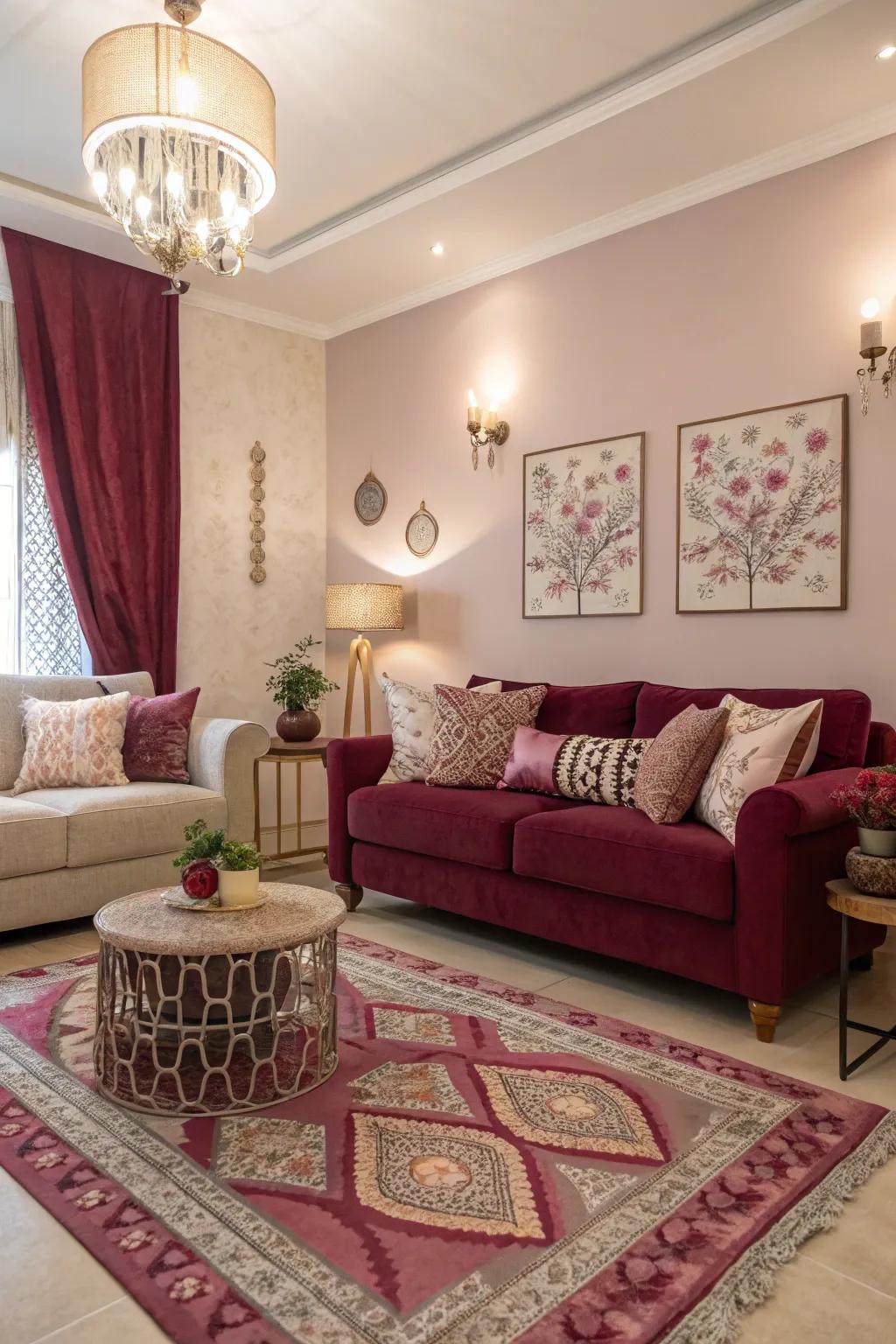 Soft pastels create a gentle harmony with burgundy in this living room.