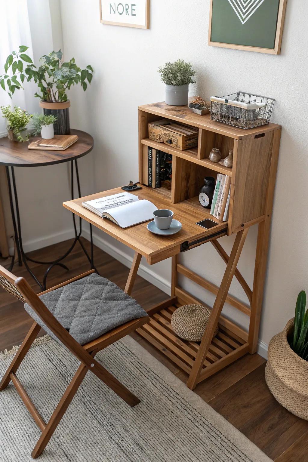 A foldable butcher block desk offering flexibility.