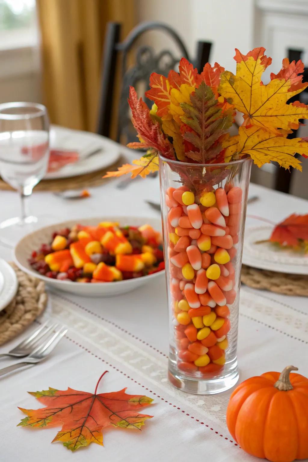 A candy vase for Thanksgiving adds warmth and seasonal charm to your decor.