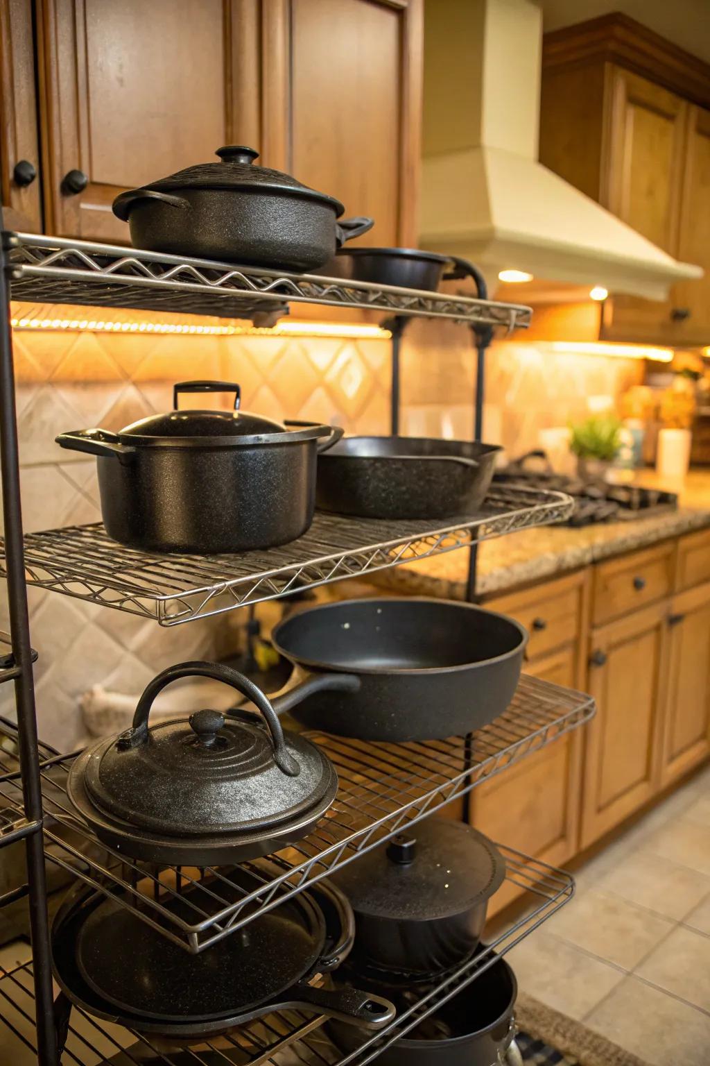 Wire rack shelf for industrial-style cast iron storage.