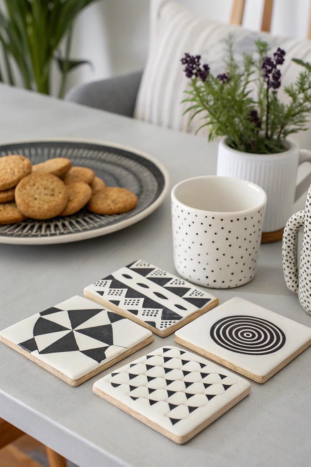 Monochrome coasters embody simplicity and elegance.