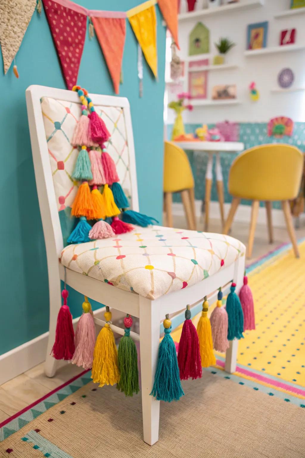 Tassels add movement and color to chair decor.