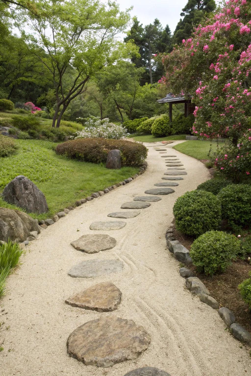 Sand and stones create a soft, inviting garden path.