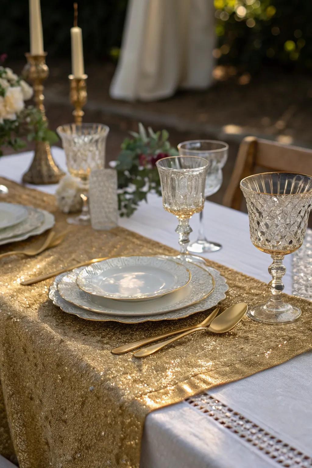 Vintage glam with a gold cheesecloth runner.