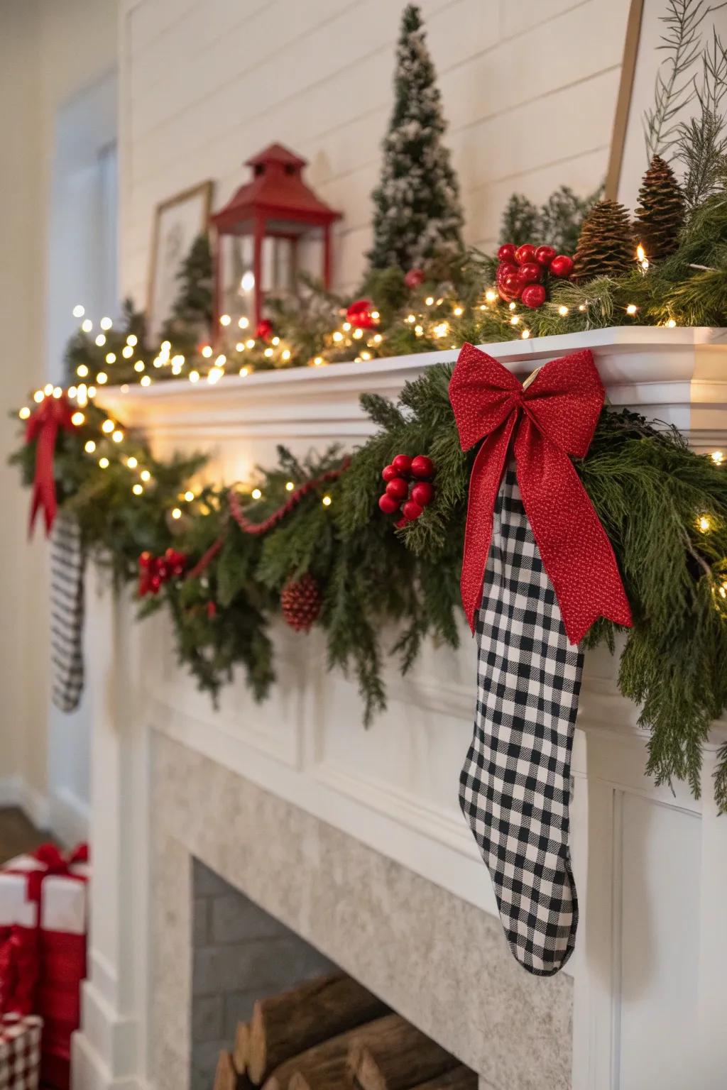 A cozy Christmas mantel with gingham and plaid.